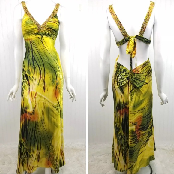 Faviana Couture Tropical Gown Size 2 Cutout Back Beaded Embellished Formal Prom - Picture 1 of 16